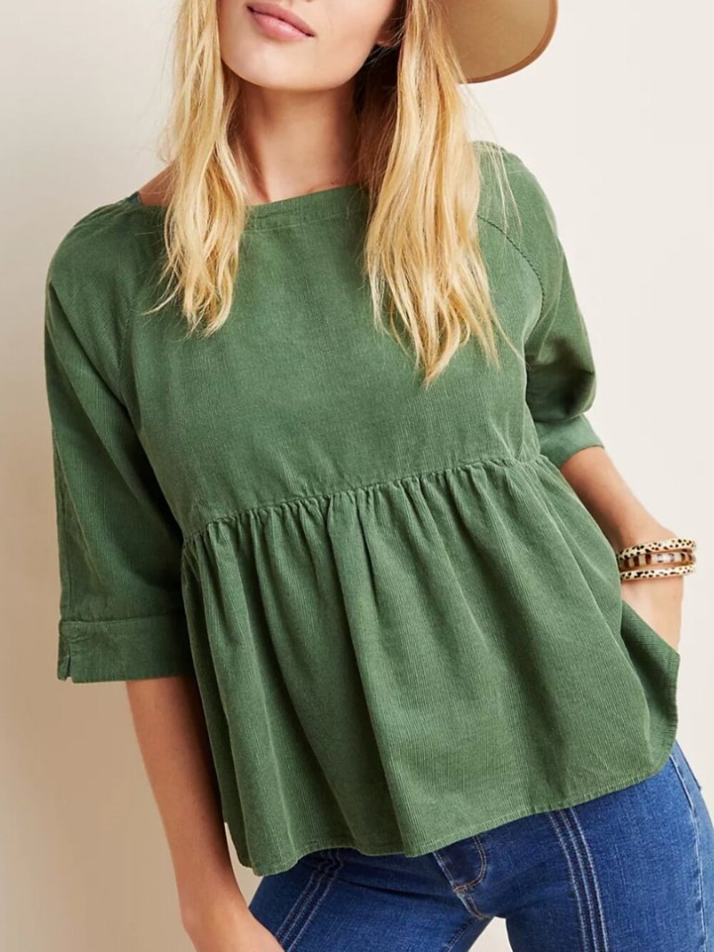 Anthropologie Maeve Marie Babydoll Top In Green Corduroy Size XXS